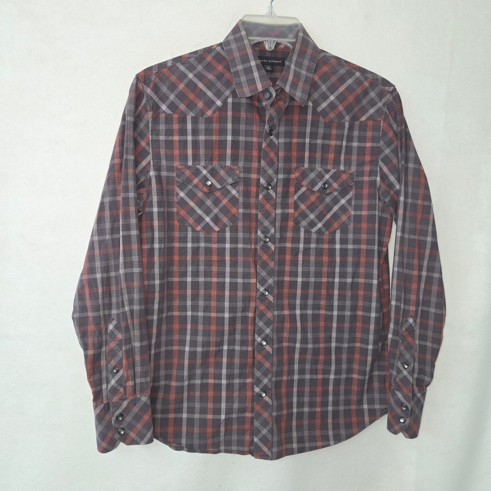 Banana Republic‎ Western Shirt Mens M Blue Brown Plaid Snap Front Rodeo Cowboy